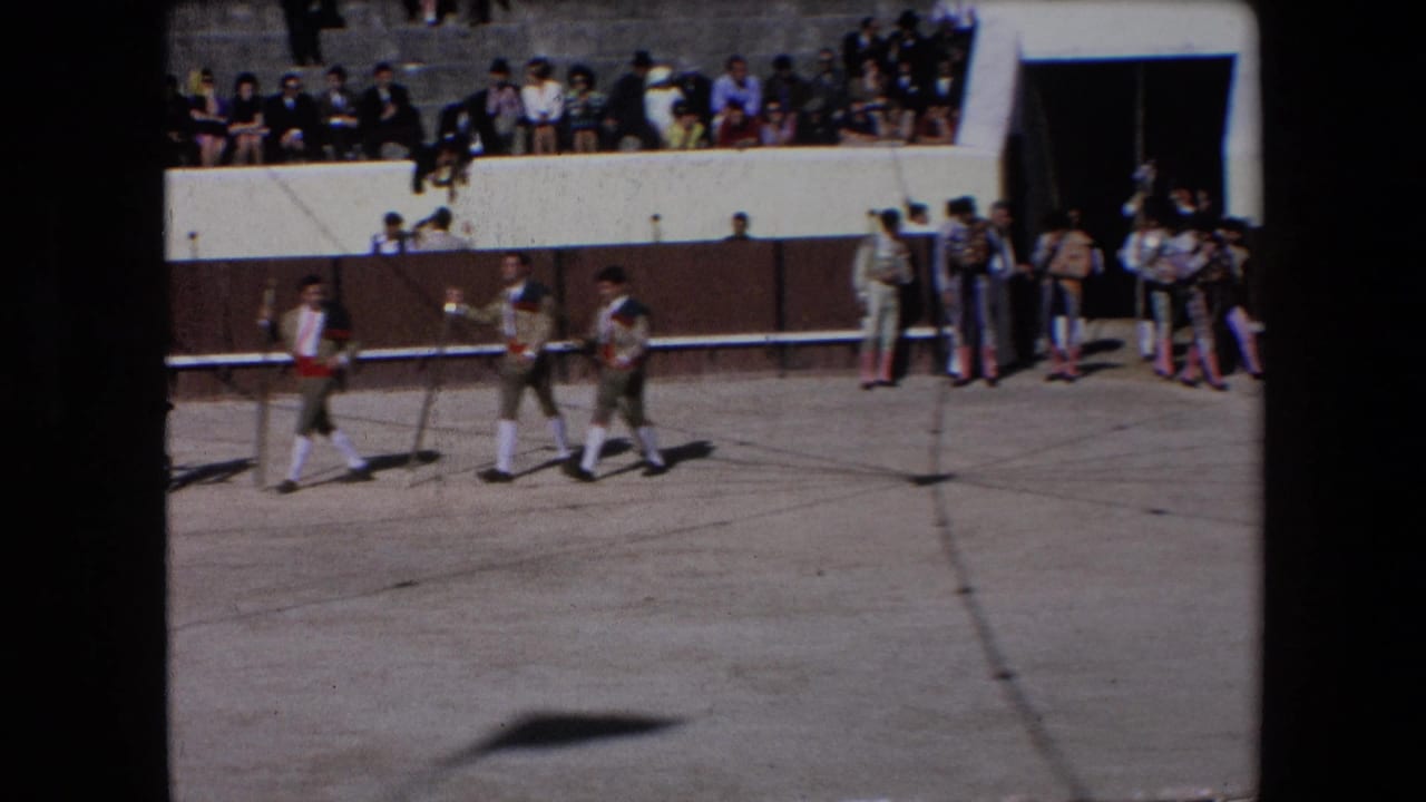 Costumed bullfighting participants continue walking past spectators in the arena.