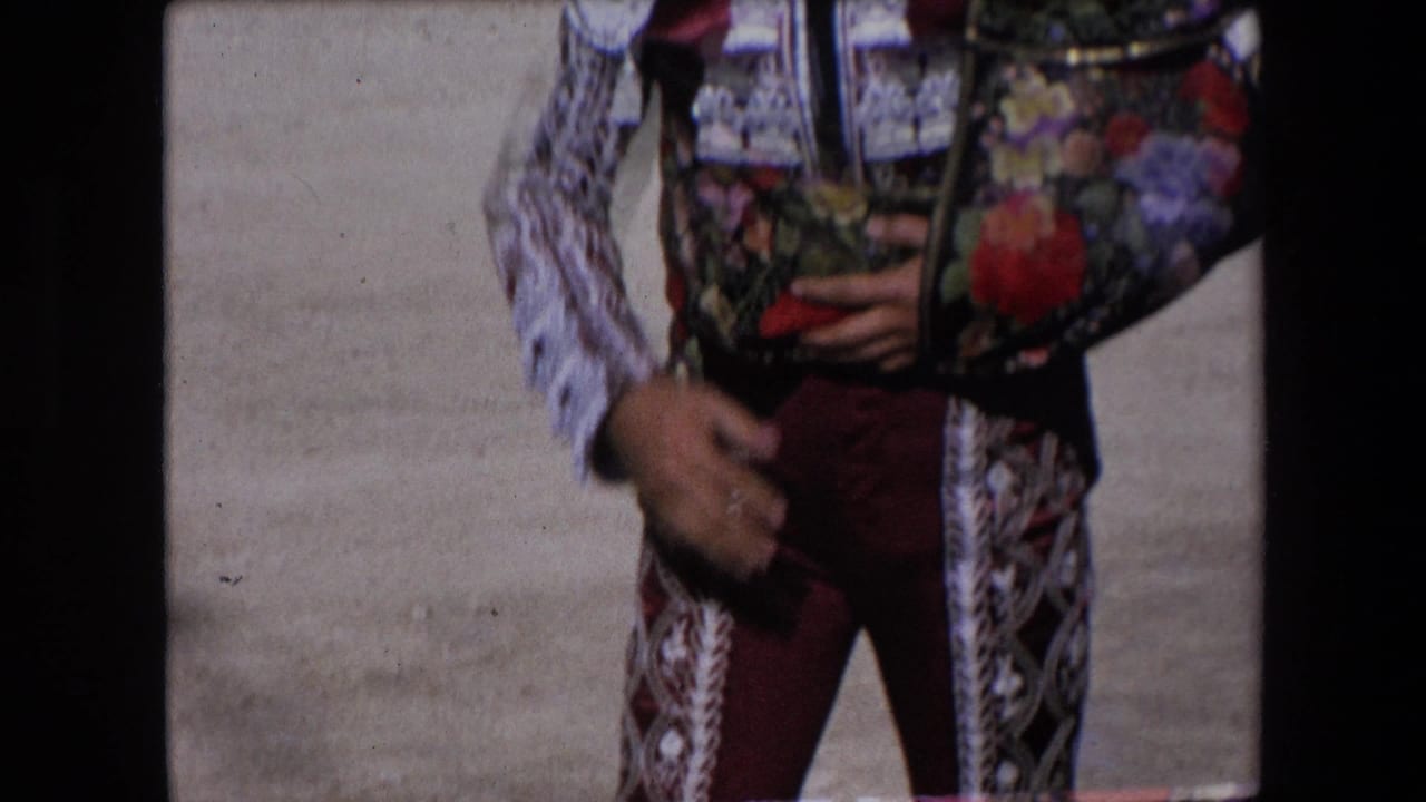Close view of a matador's embroidered jacket, maroon trousers, and hand against a pale arena floor.