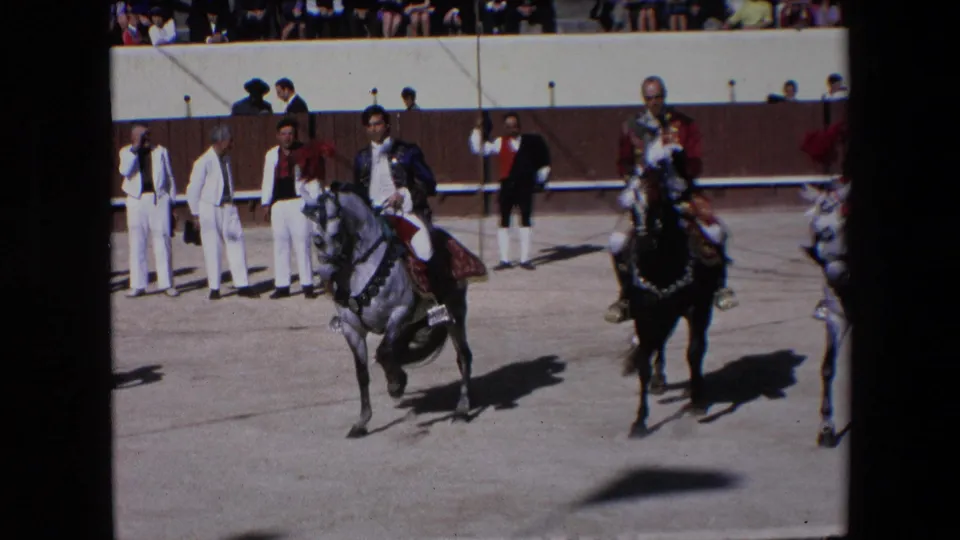 In the Barcelona arena, mounted riders guide a grey horse and a black horse during a formal demonstration before spectators and attendants in white suits.