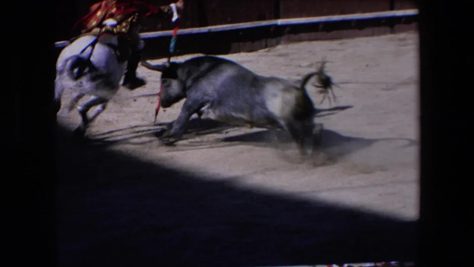 In the supplied 1971 Barcelona 8mm footage, a dark bull runs across a sand bullring near a rider on a white horse, with strong shadow and film-frame borders visible.