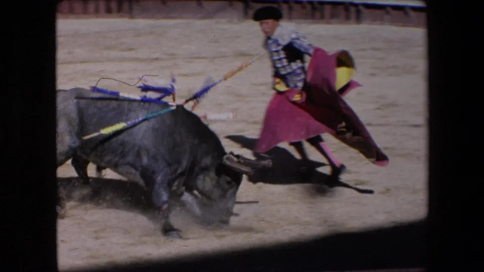 In a 1971 Barcelona bullfighting scene, a dark bull lowers its horns toward a matador in a silver and blue suit holding a red and yellow cape.