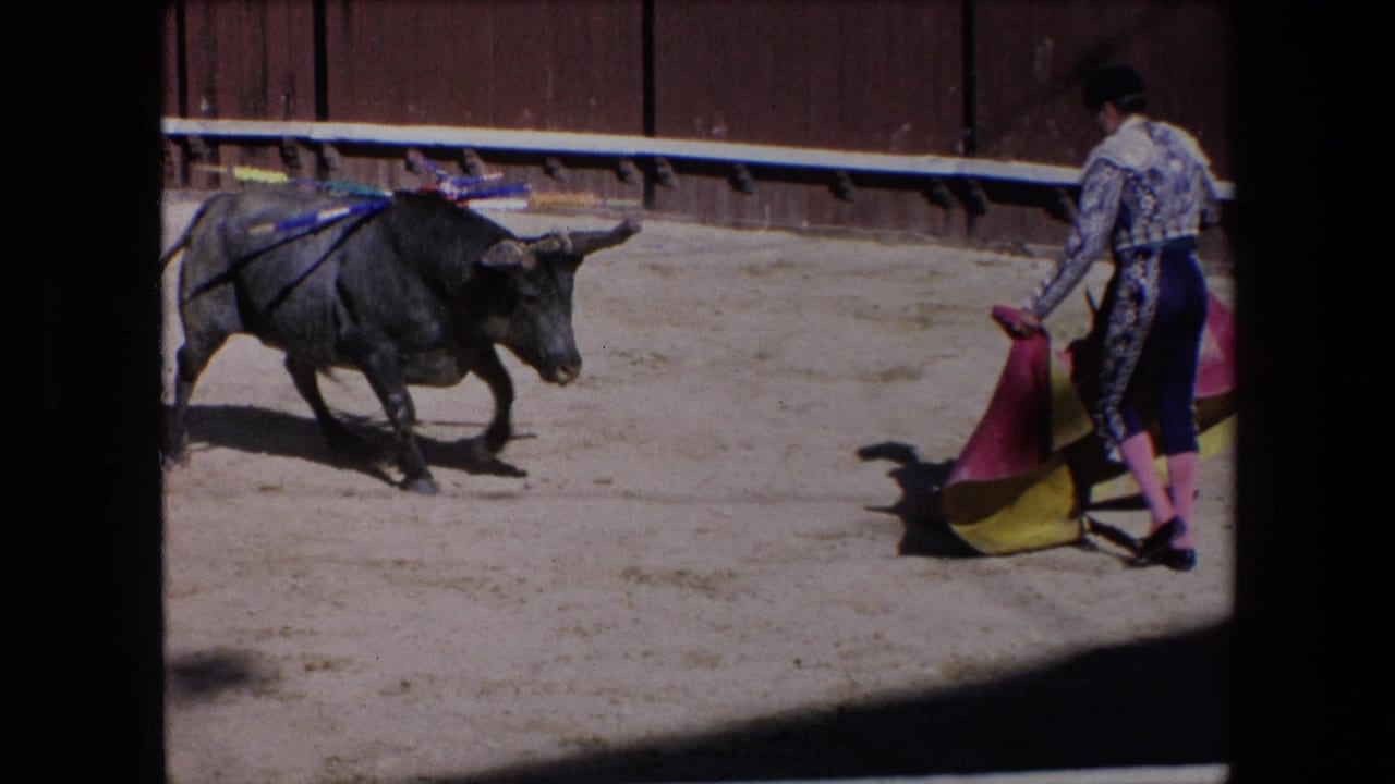 A matador in traditional dress stands in the sandy Barcelona arena as a dark bull charges toward the red and yellow cape.