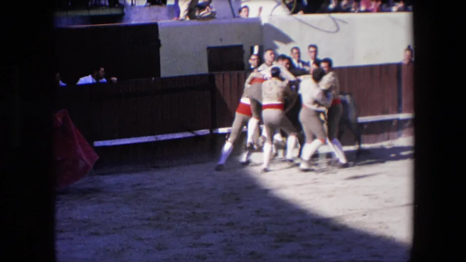 Several attendants gather around the bull near the arena wall while spectators look on from above, with strong sunlight and shadow across the 8mm frame.