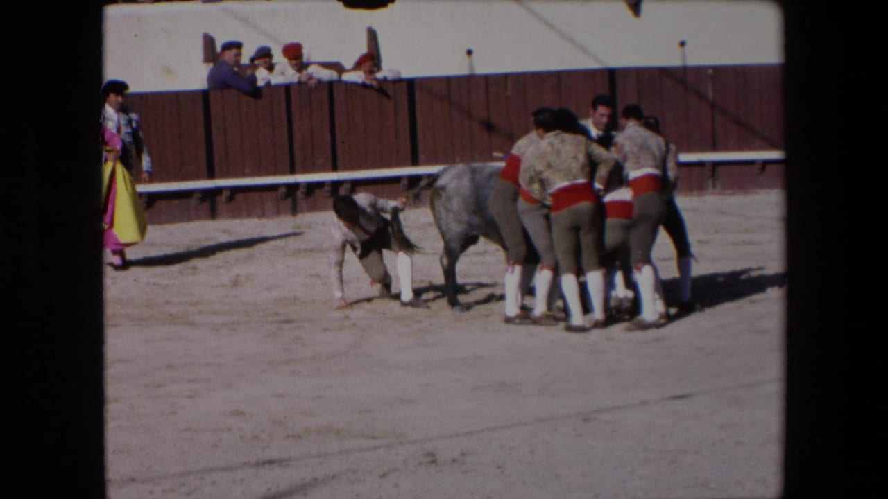 Barcelona, Spain, 1971 8mm frame showing costumed bullfighting participants gathered near a grey bull beside a wooden arena barrier.