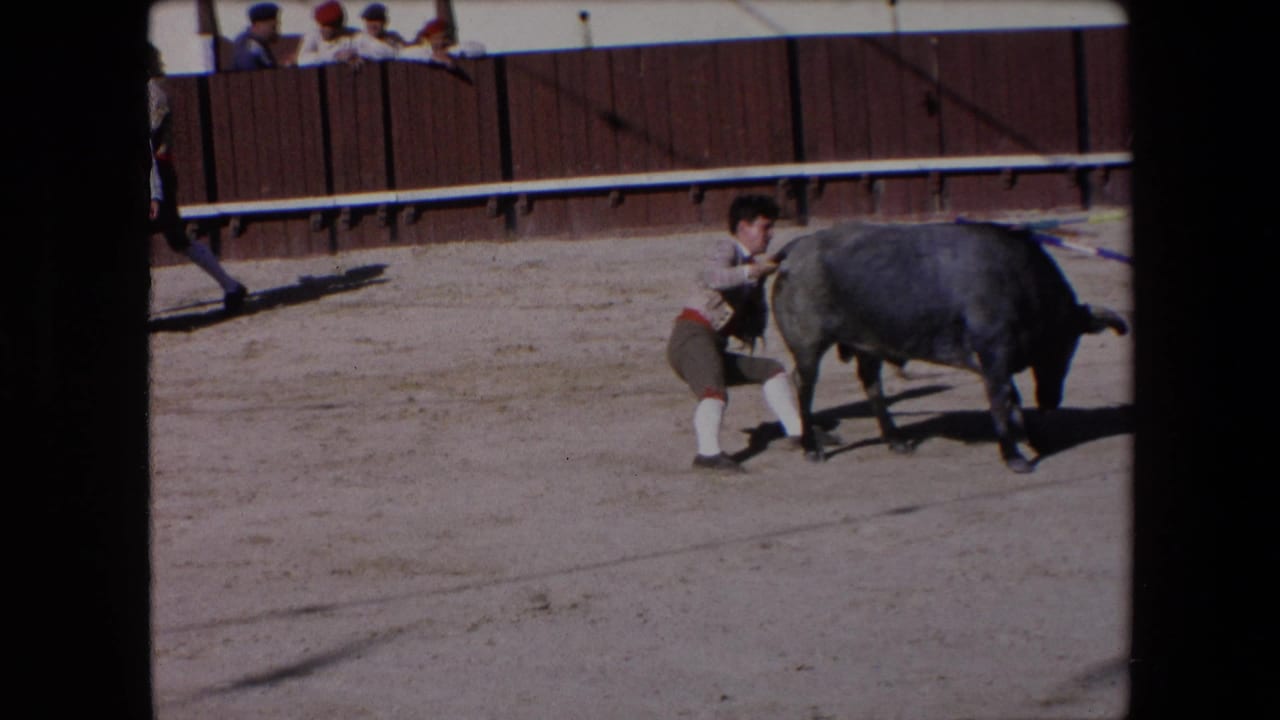 Barcelona, Spain, 1971 8mm frame showing a costumed bullfighting participant close to a grey bull near the center of a sandy arena.