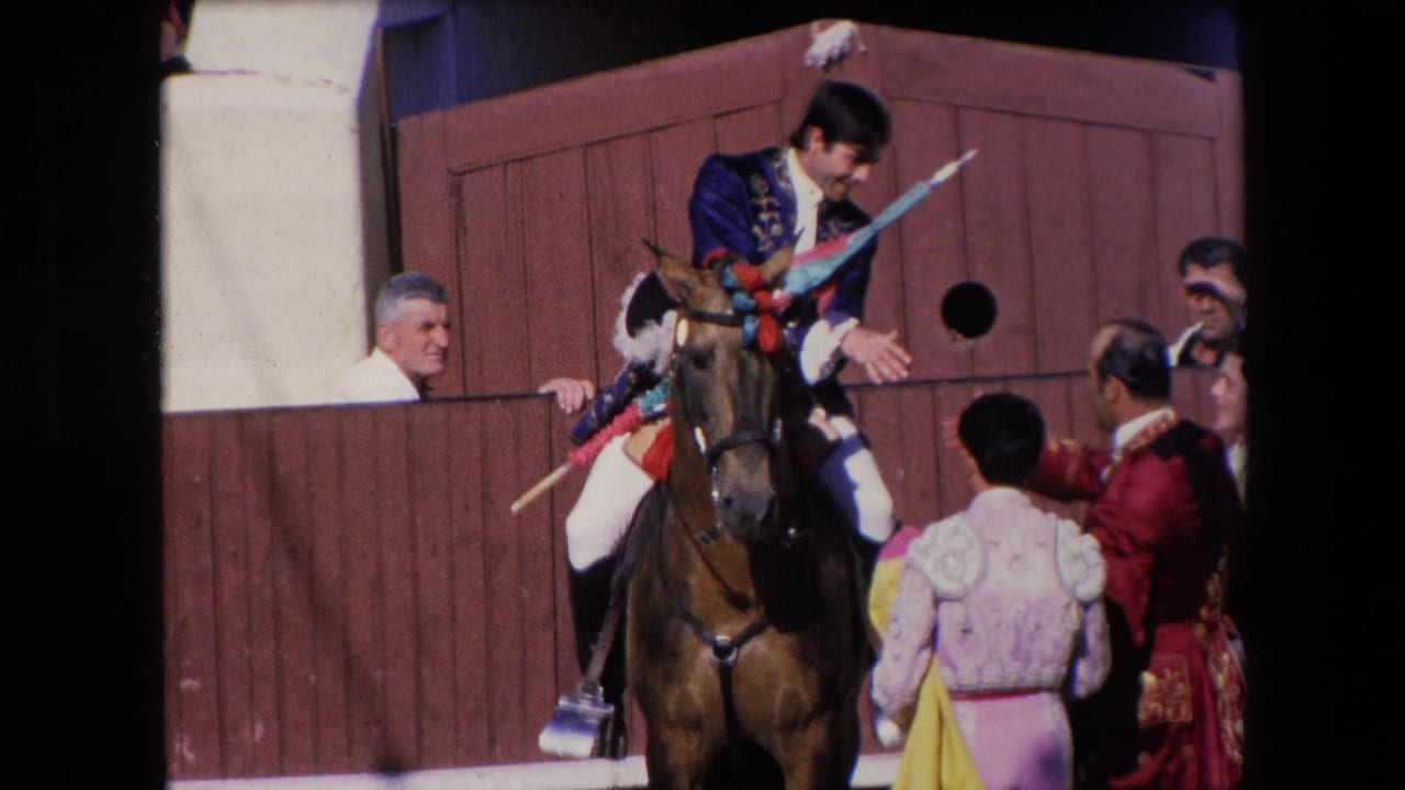 The rider remains seated on the decorated horse at the wooden gate as a performer in a pink suit and another in red stand close by, suggesting an exchange before or after entering the arena.