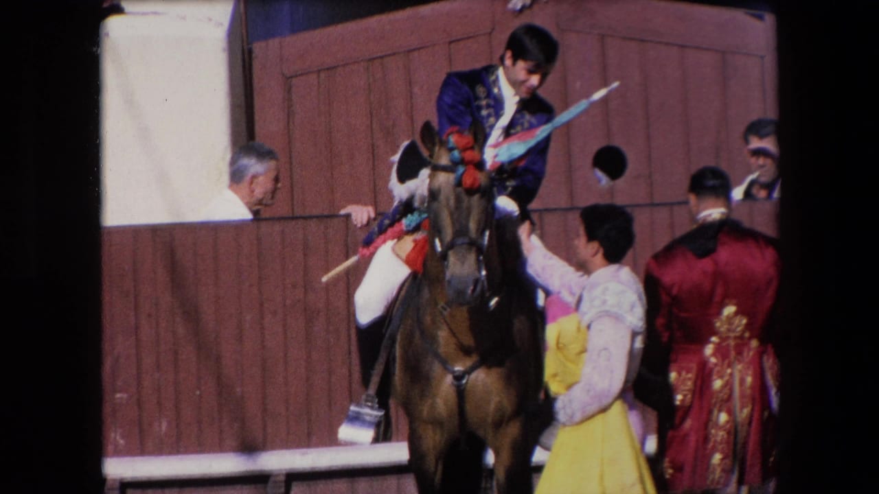 A performer in a pale bullfighting suit reaches toward the mounted rider beside the wooden gate, with the horse facing forward and another ornate red costume visible at the edge of the frame.