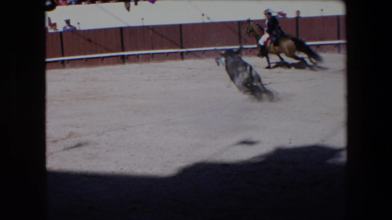 In 1971 Barcelona bullfighting footage, a bull runs across the sandy ring toward a mounted bullfighter as spectators sit behind a wooden arena barrier.