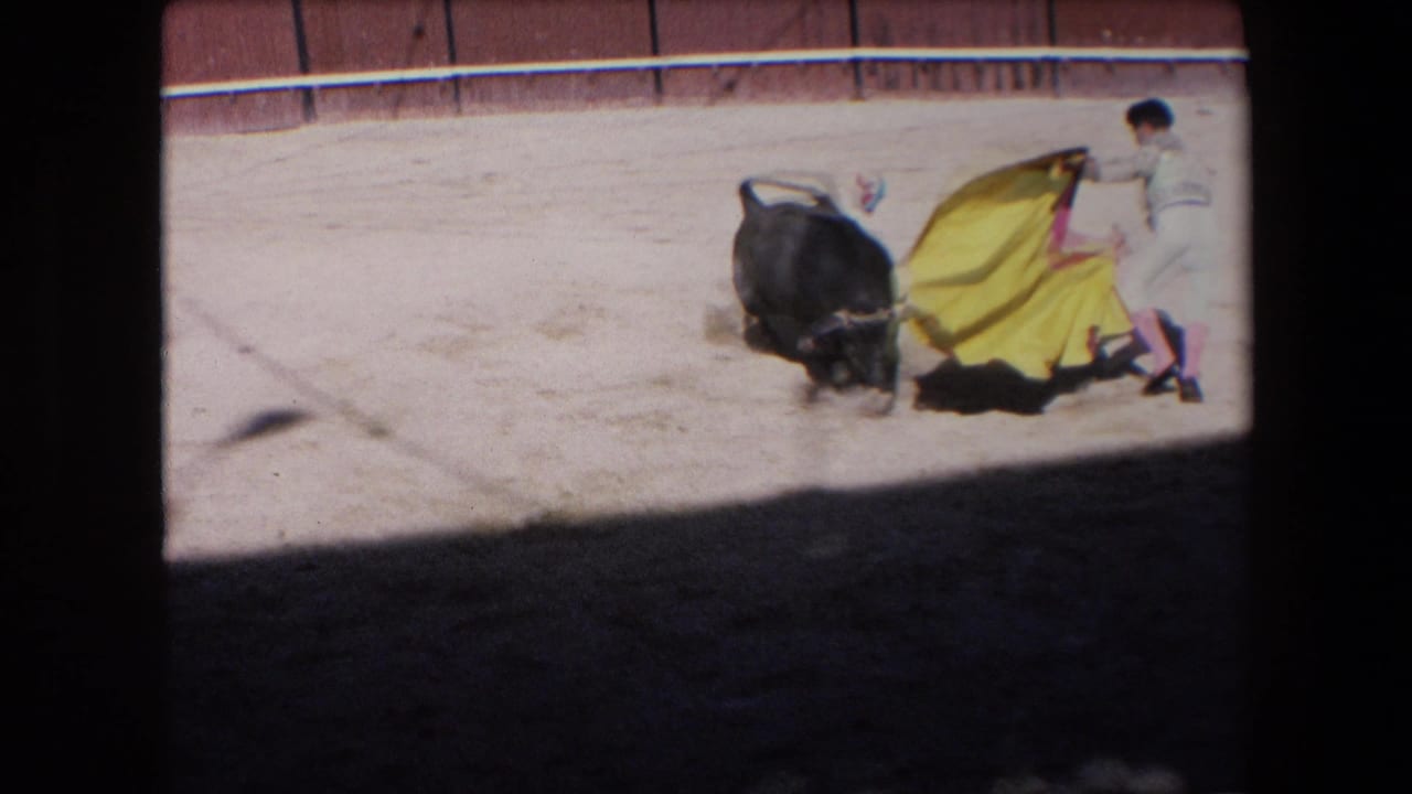 A bullfighter in a light outfit and dark hat handles a yellow and magenta cape as the black bull turns close to him in the Barcelona bullring scene.