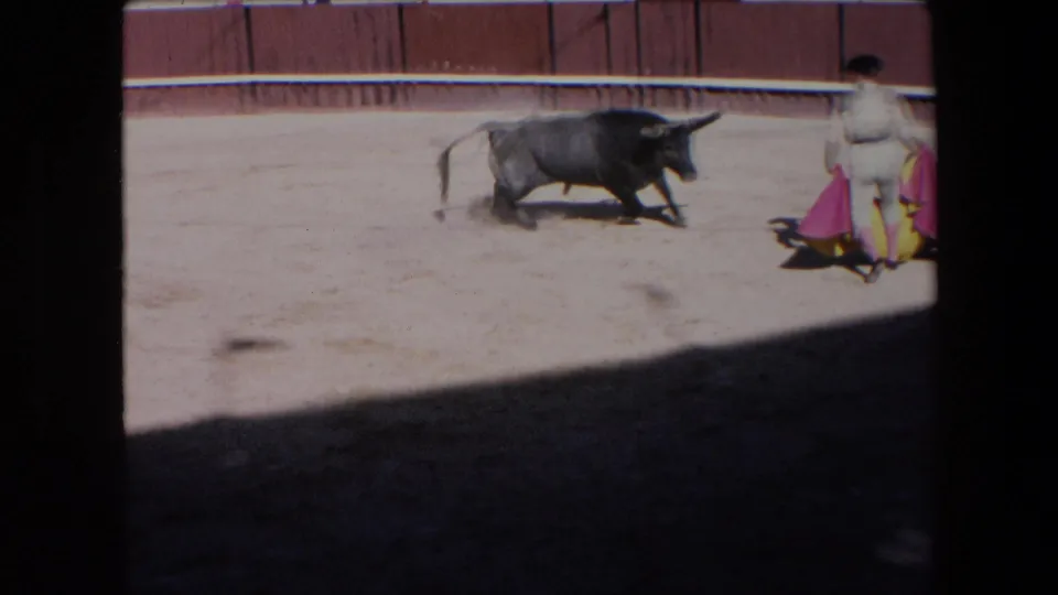 A black bull runs across the sunlit dirt arena while the bullfighter remains at the right edge holding the cape, framed by the red-toned bullring barrier.