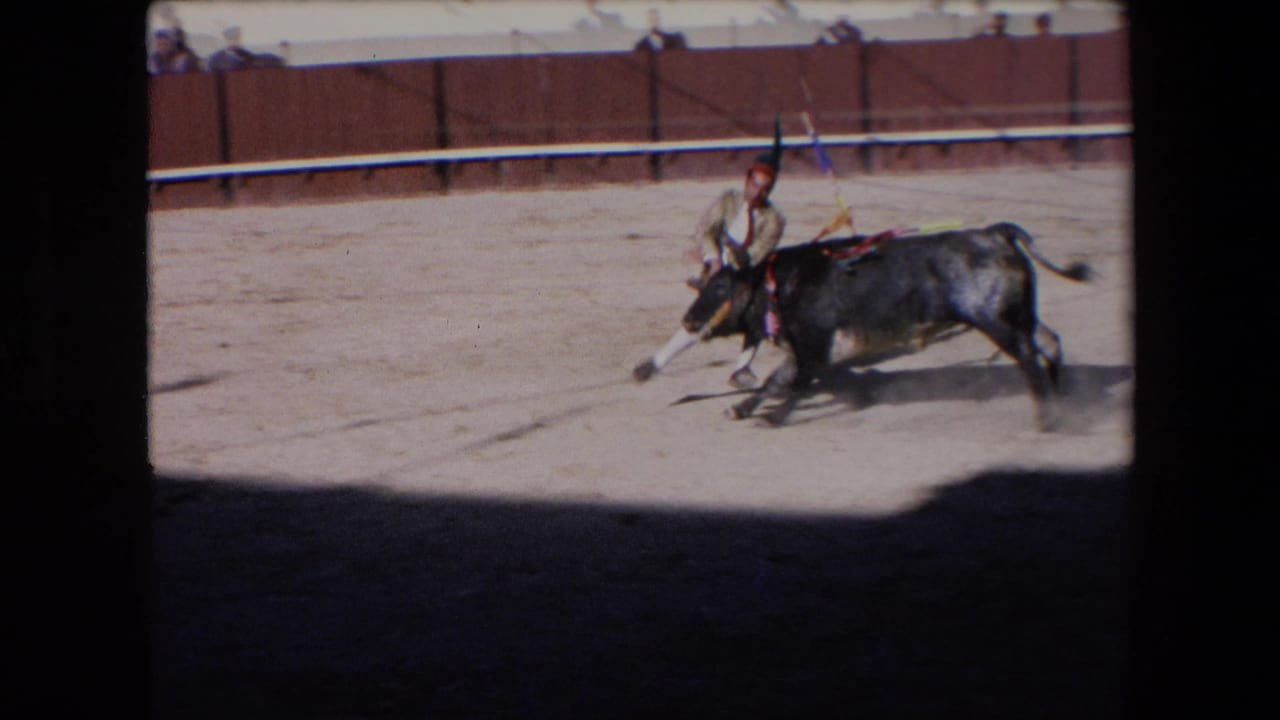 A matador or arena worker appears close to a charging black bull in the 1971 Barcelona bullring, with dust, barrier panels, and spectators in the background.