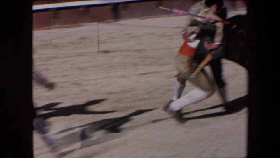 The final Barcelona bullring frame shows a bullfighter moving quickly across the sandy arena, with another performer and the black bull partly cropped at the right edge.