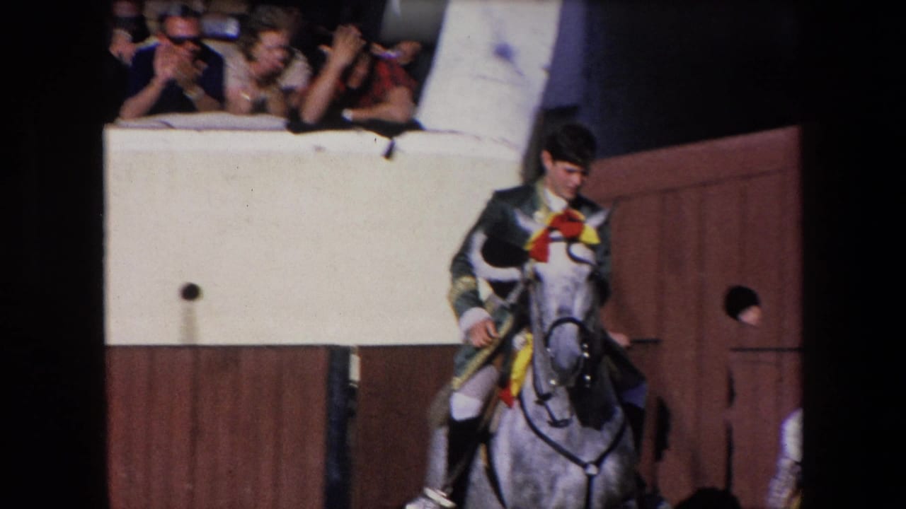 Decorated grey horse faces forward near a wooden gate while the rider sits upright and spectators look down from above.
