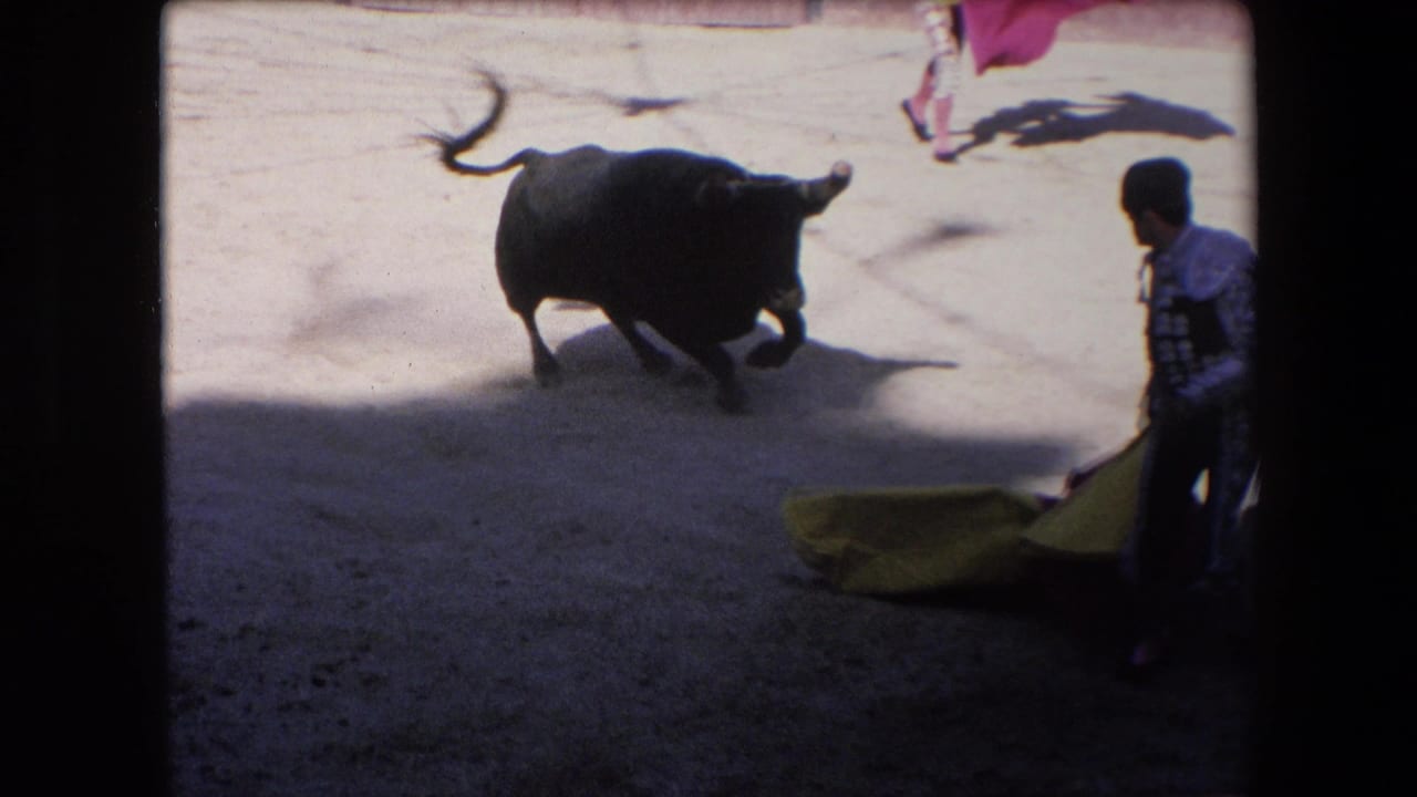 In a 1971 Barcelona bullring scene, a black bull moves across the sand toward a matador standing with a cape near the arena edge.