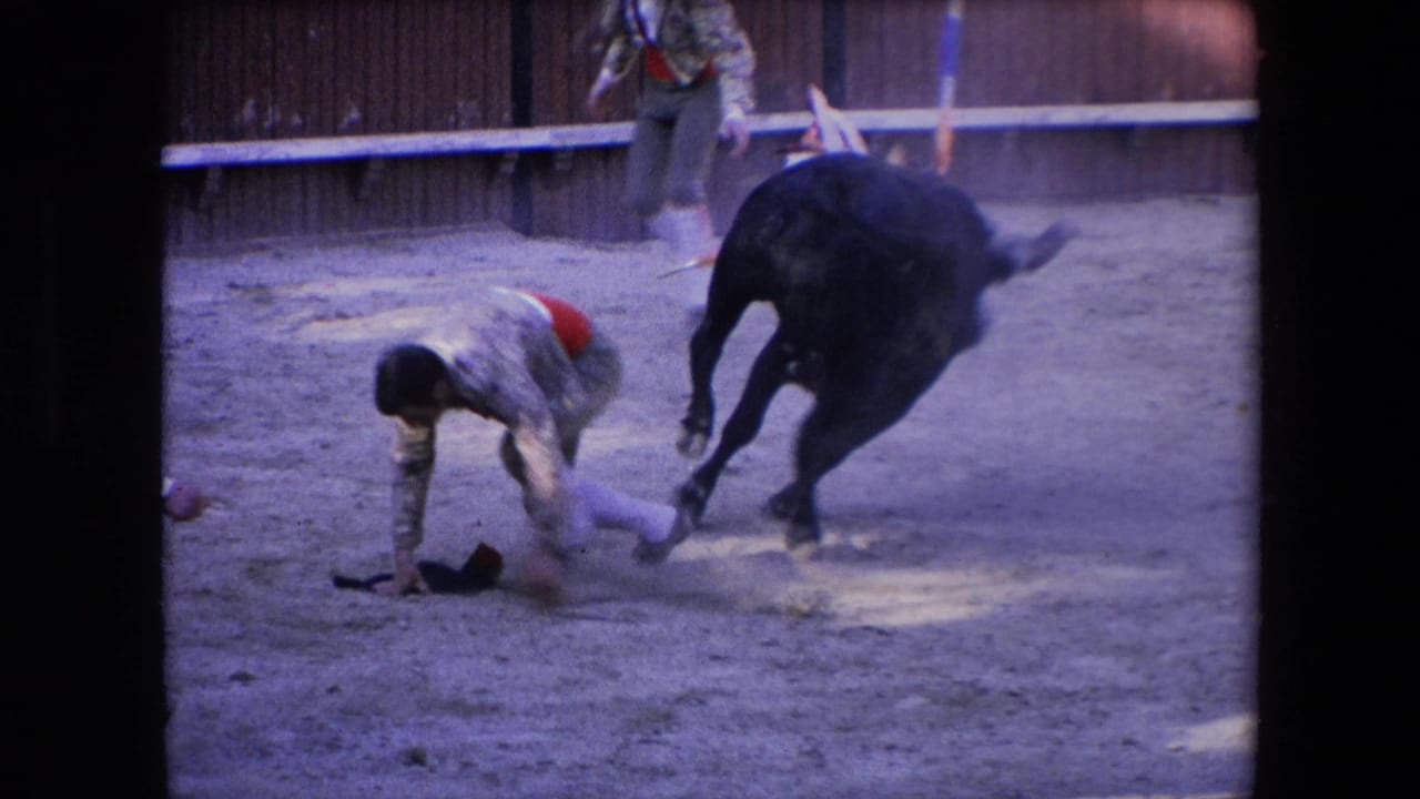 A bullfighter lands on hands and knees in the sandy Barcelona bullring while the black bull moves away and a standing person is visible behind the barrier area.
