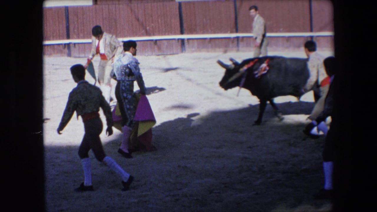 1971 Barcelona bullfighting footage shows costumed participants in a sandy arena as a black bull with decorations moves near them under strong sunlight.