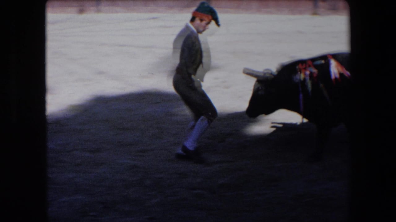 A matador in bullfighting attire runs backward across the arena while a black bull with lowered head advances from the right.