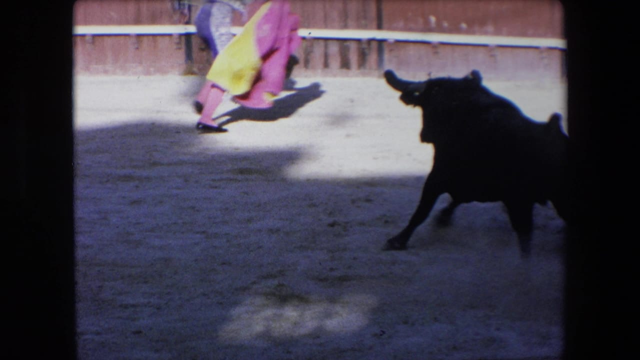 Bull charges across the arena near a matador with a pink and yellow cape.