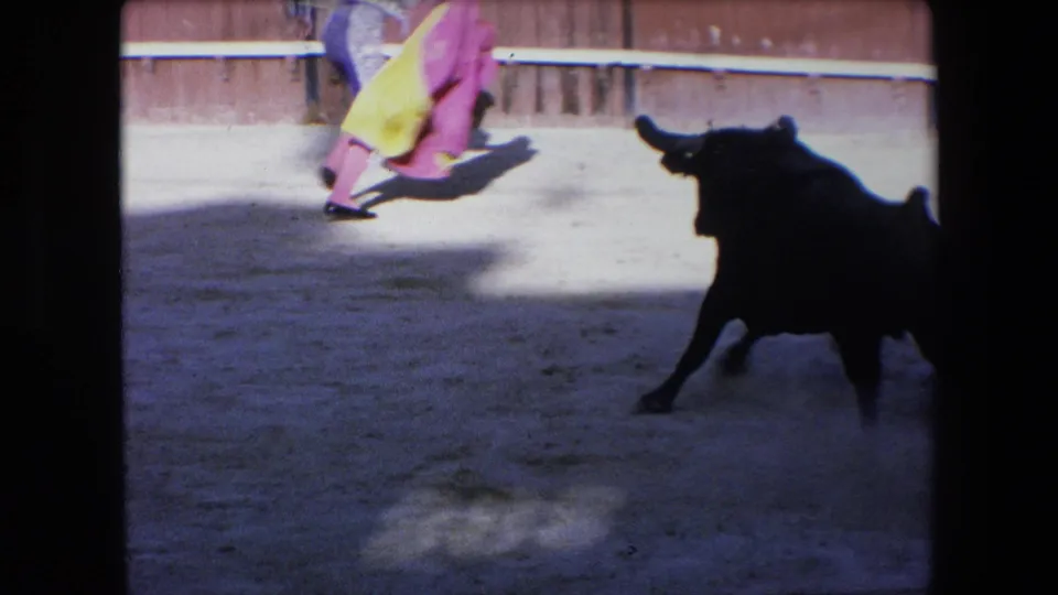Black bull moves across the sandy Barcelona arena toward a matador holding a pink and yellow cape in 1971 8mm footage.
