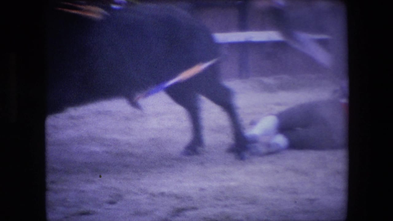 In metadata-supported 1971 Barcelona 8mm footage, a dark bull stands in a sandy arena near a person lying on the ground after a fall.