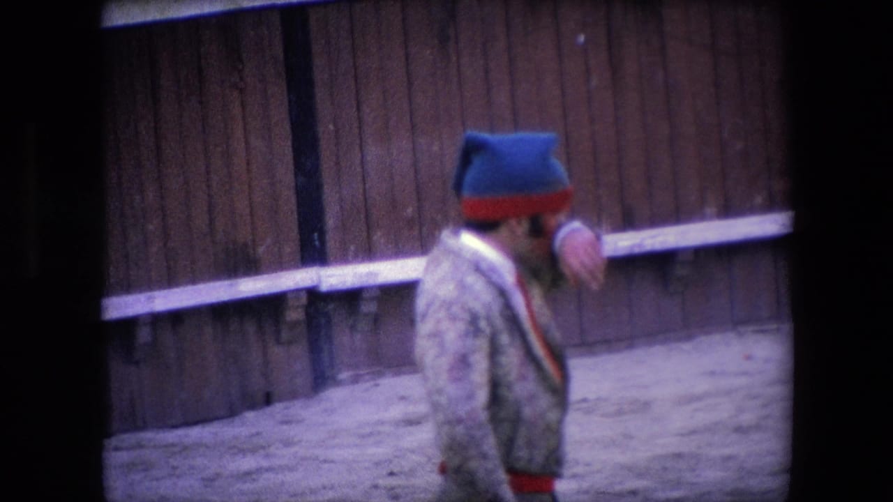 In the supplied 1971 Barcelona bullfighting clip, the matador stands in profile on the sandy arena floor with wooden barriers behind him.