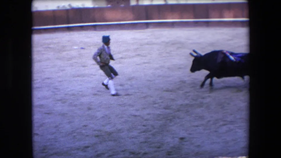 A matador in light trousers and dark jacket moves across the sandy Barcelona bullring as a black bull charges nearby, with the arena wall behind them.