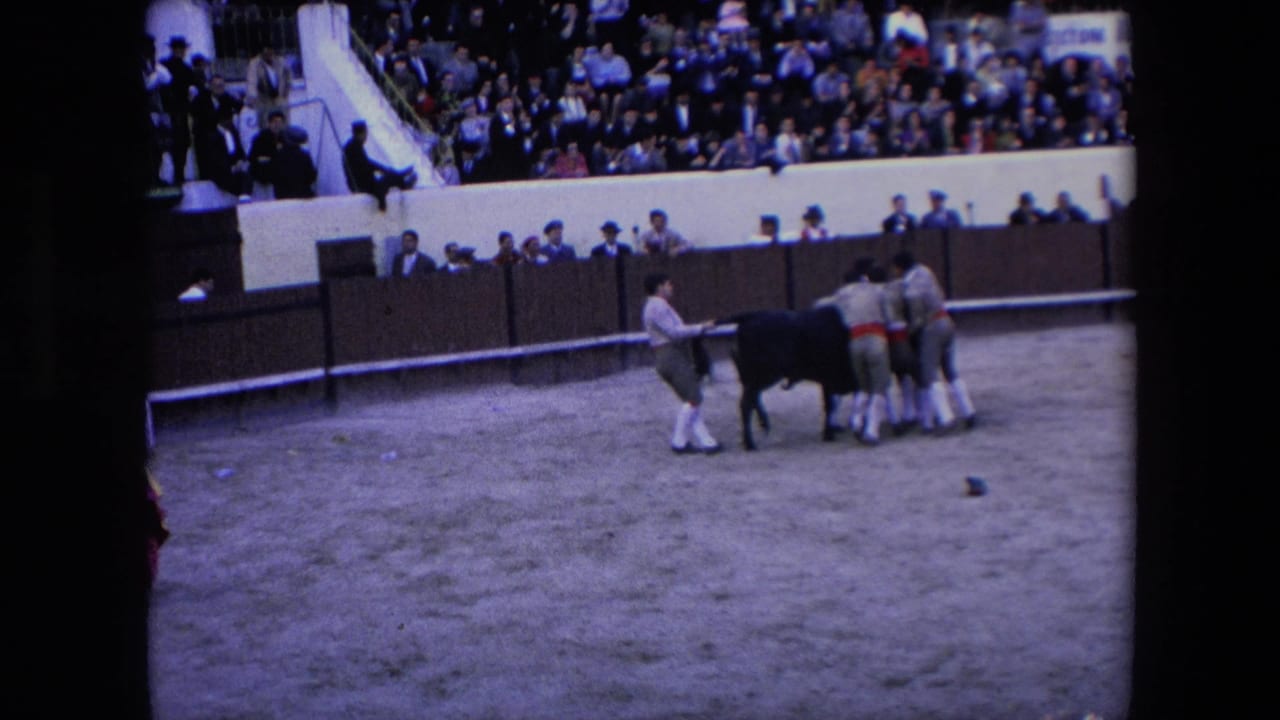 The 1971 Barcelona footage appears to show a bull being managed by men in an arena, with spectators filling the stands behind them.