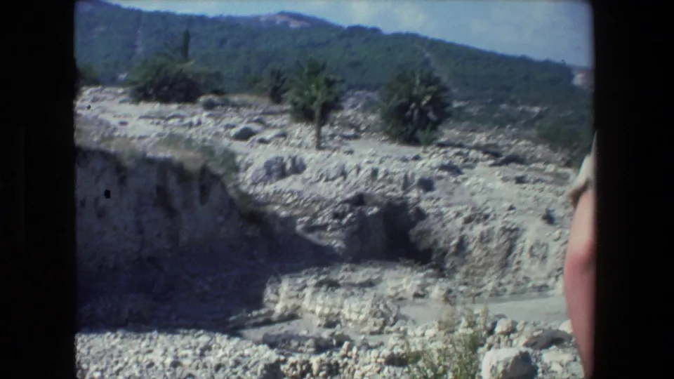 1972 Israel 8mm travel frame showing a sunlit rocky canyon with layered pale stone, scattered scrub, distant palms, and a green hillside beyond.