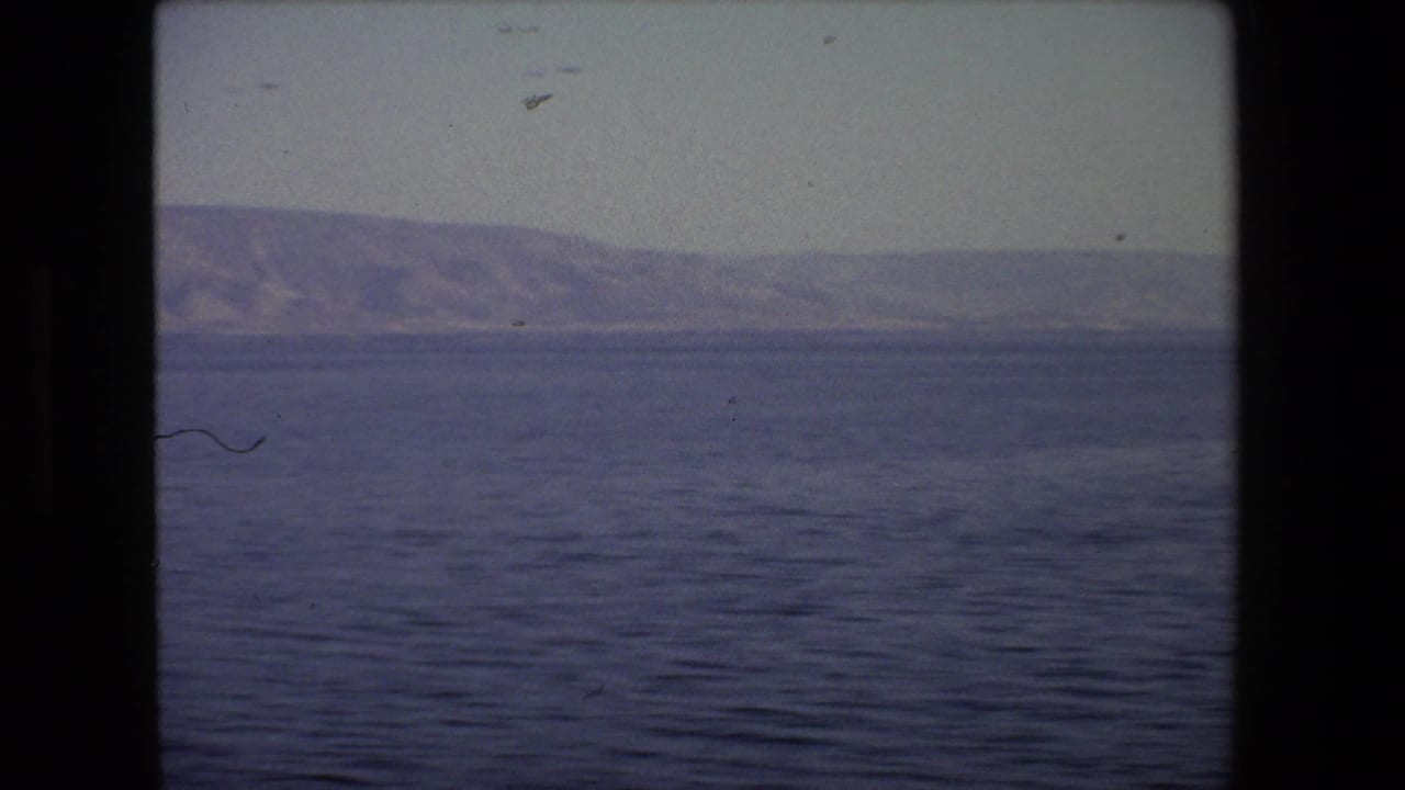 1972 Tel Aviv coastal travel frame with blue water in the foreground, a distant hazy hillside, dark 8mm borders, and small visible dust marks on the scan.