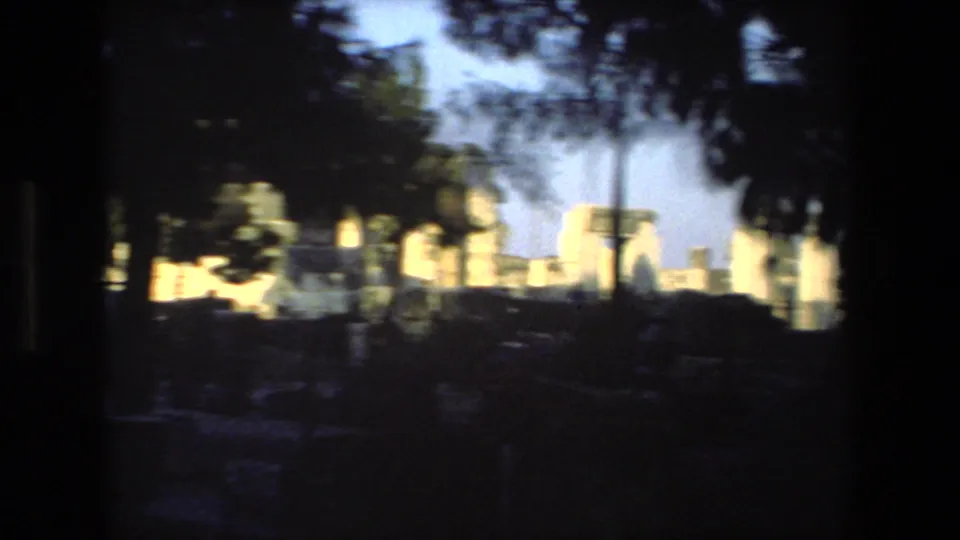 A blurry 1972 8mm travel view shows palm trees, bright sky, and pale structures passing across the frame from a moving vehicle or handheld position.