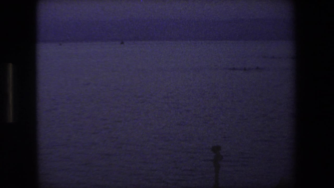 A small person stands near open water at dusk or low light, with a dark horizon and purple-blue 8mm color shift in the metadata-described 1972 travel clip.