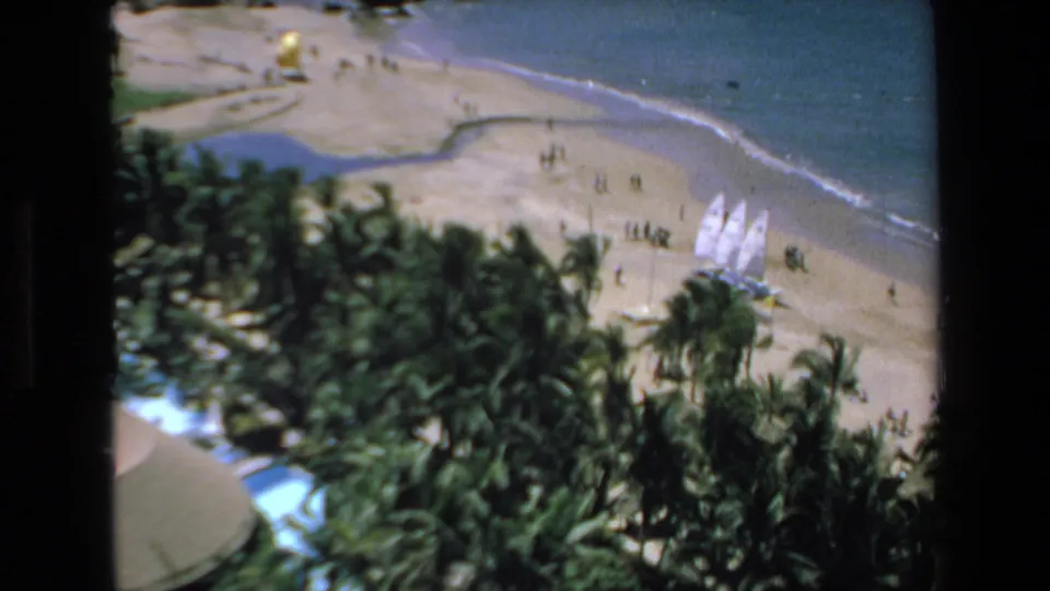 Elevated 1972 Mazatlan beach view with dense palms in the foreground, sailboats near the shoreline, small figures on the sand, and blue water at the top of frame.