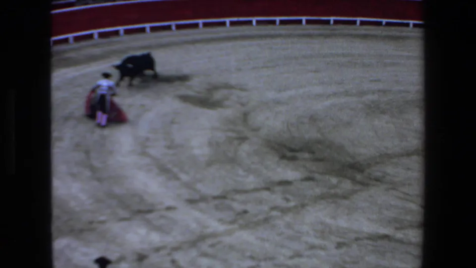 The bullfighter stands near a red cape in the sandy arena as the black bull approaches, with red and white railings along the upper edge of the frame.