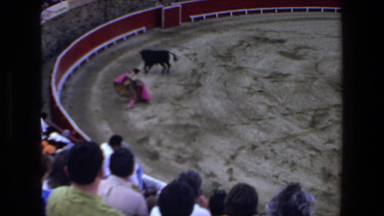 Matador with red cape near a black bull as spectators watch from the stands.