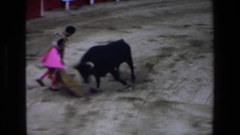 A black bull closes in near the matador and cape during the 1972 Mazatlan bullfighting scene, viewed from above the ring.