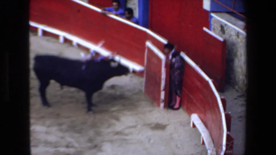 1972 Mazatlan bullfight frame showing the bull near a red arena barrier while a matador or attendant stands close by and spectators watch from above.
