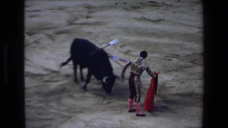 A black bull with banderillas lowers its head while the matador stands nearby holding a red cape in the sandy bullring.