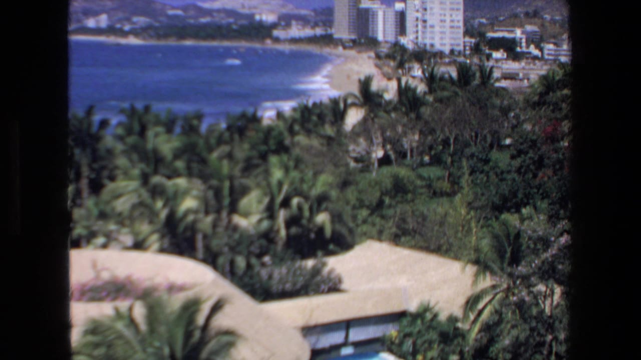 Coastal view with palms in the foreground, thatched roofs below, and hotels along a sandy beach.