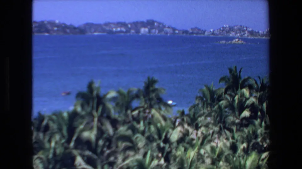 Elevated 8mm Mazatlan view with foreground palms, blue harbor water, and distant hillside development under a clear sky.