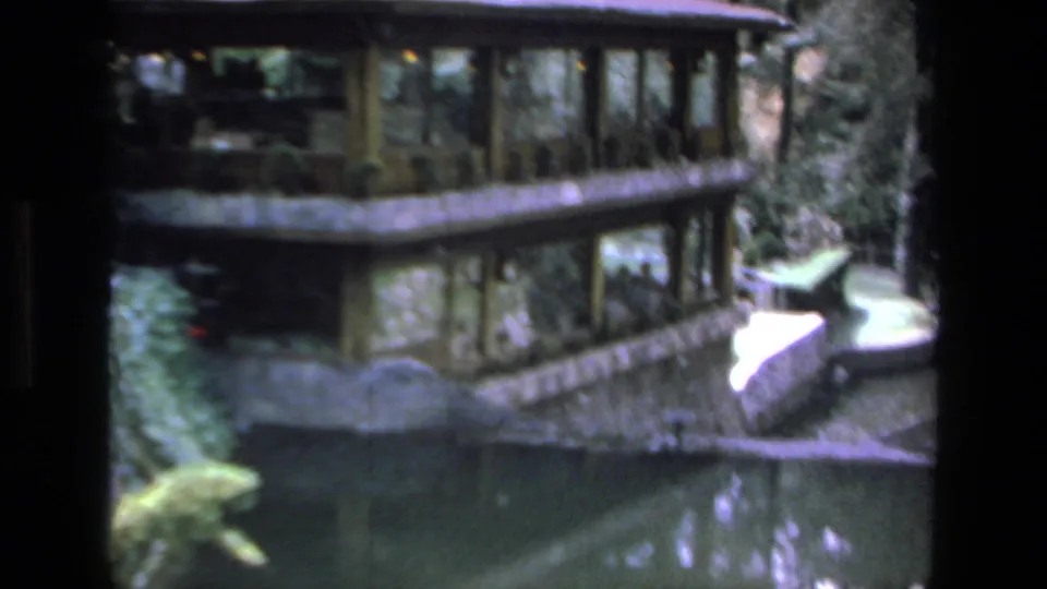 1972 Mazatlan frame showing a multi-level wooden structure with glass windows beside a pond, surrounded by stone edging, trees, and garden plantings.