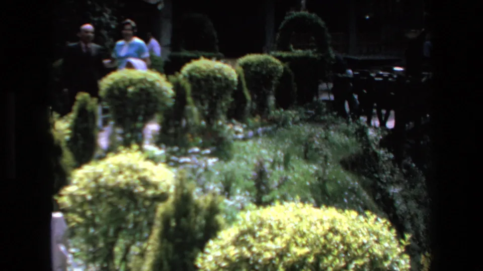 1972 Mazatlan home-movie frame with a man and woman walking near clipped hedges and a landscaped garden path, with additional people partly visible behind them.