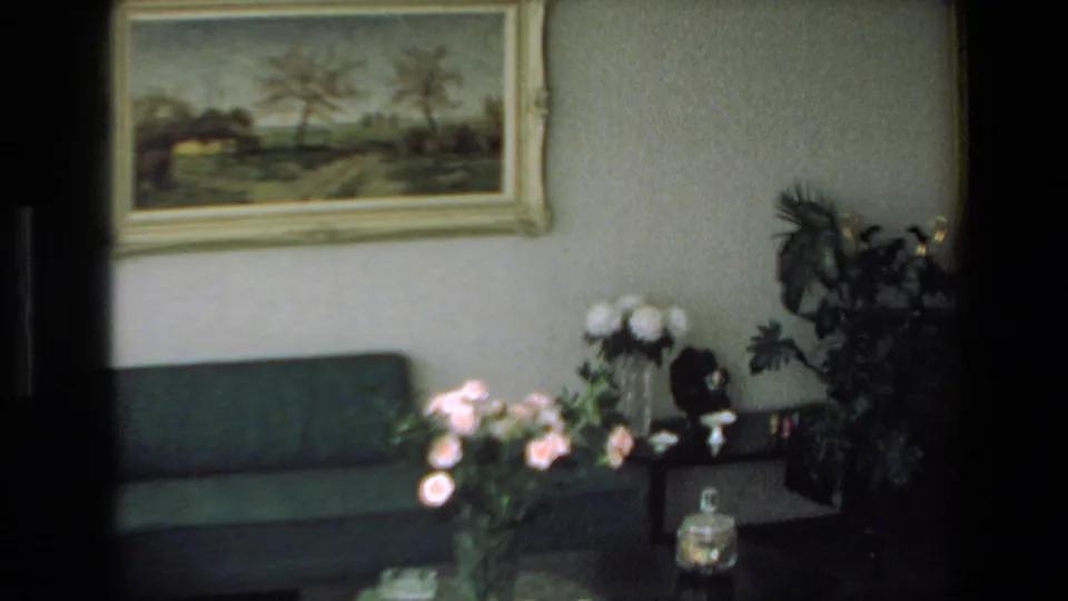 1972 Mazatlan home-movie frame showing a decorated interior with a dark green sofa, flower arrangements, framed landscape painting, and leafy houseplant.