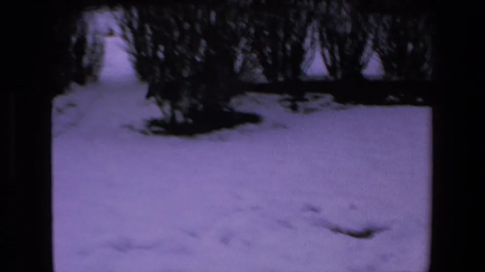 The camera holds on a snow-covered yard with shrubs and heavy dark film-frame borders, with no person visible in this still.