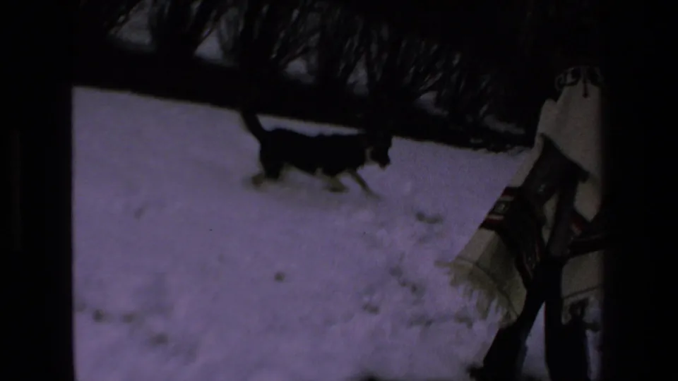 A dog moves through snow near a standing person in a patterned poncho, seen in handheld 1972-labeled 8mm footage.