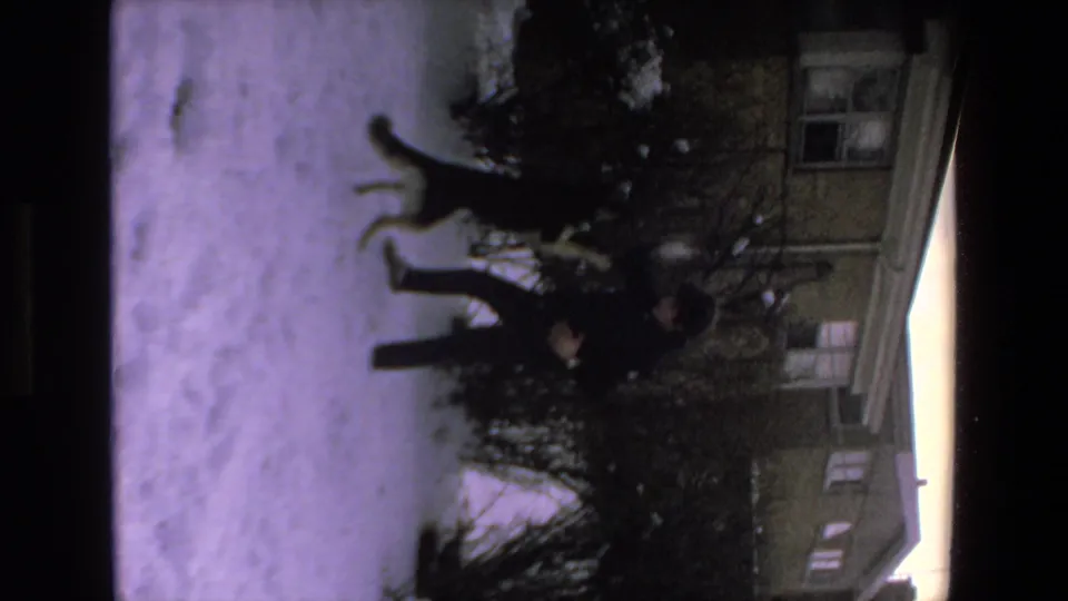 A person and dog move across deep snow in front of shrubs and a residential-looking building exterior in a 1972-labeled 8mm home-movie frame.
