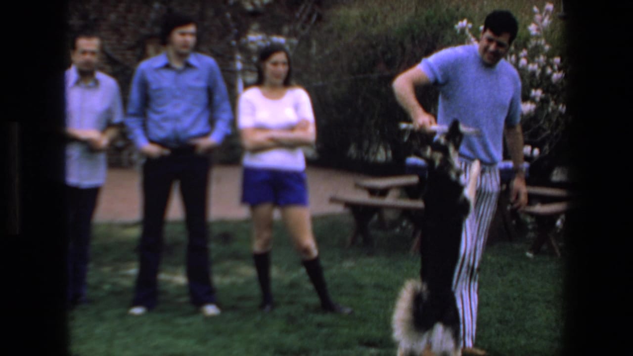 Three adult onlookers stand in a garden yard as a man in a blue shirt plays with a black-and-white dog in 1972 Mazatlan home-movie footage.