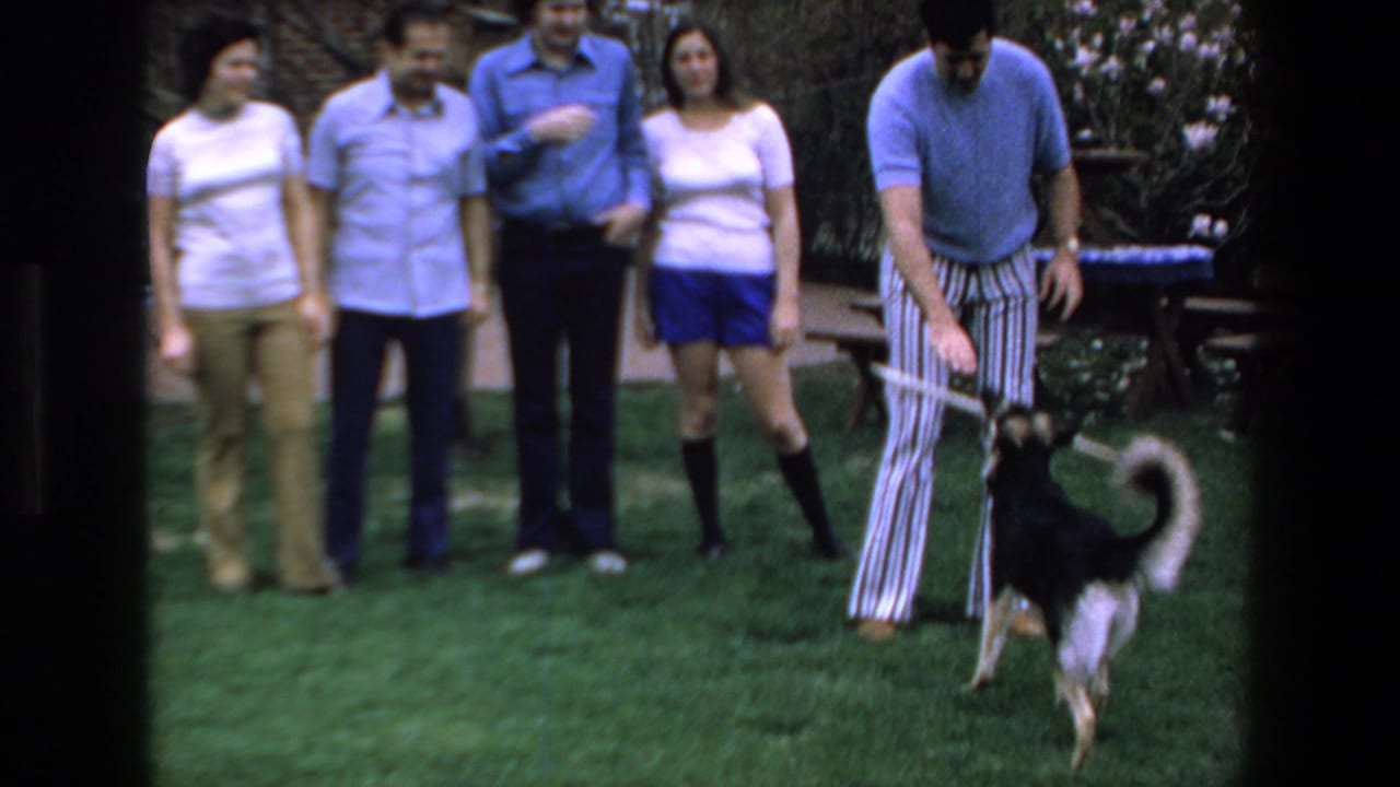 In 1972 Mazatlan home-movie footage, five adults stand outdoors as a man in striped trousers engages a black-and-white dog with a stick.
