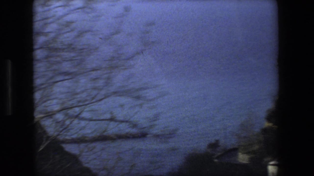 1973 8mm travel footage from the supplied Rome, Italy metadata shows a blue coastal view partially obscured by roadside branches and dark vehicle-window framing.