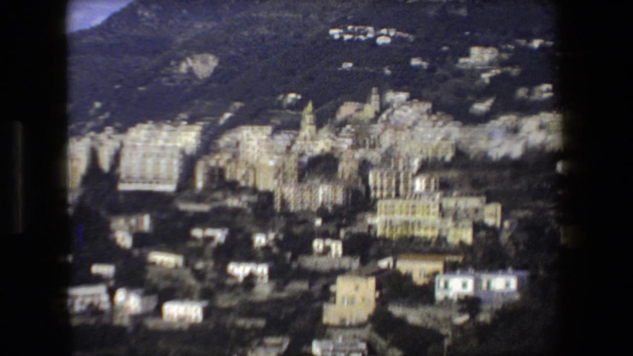 Dense hillside town with light-colored buildings below dark wooded slopes.