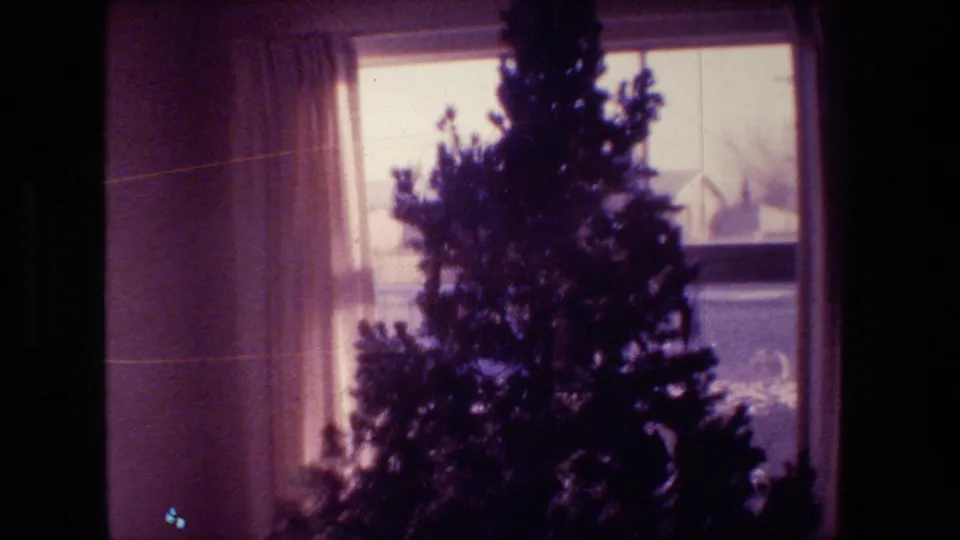 A decorated Christmas tree stands near a curtained window inside a Hollywood, California living room, consistent with the 1981 home-movie metadata.